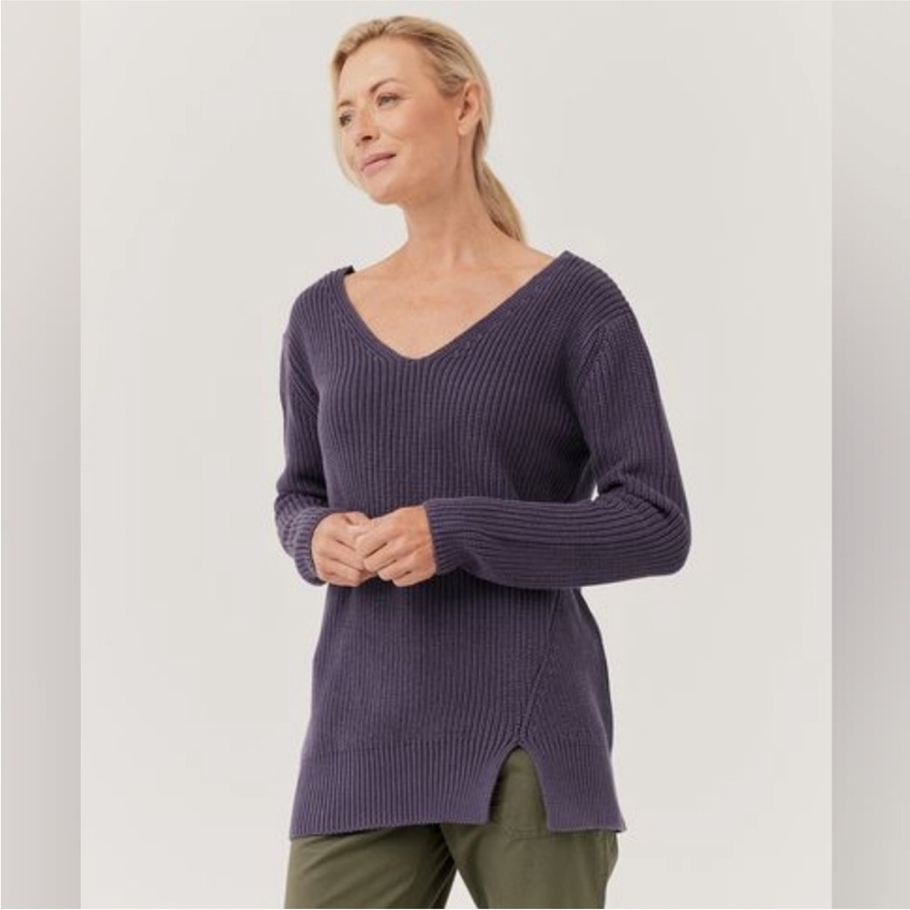 Pact‎ Double V-Neck Tunic Sweater Purple Knit Casual Organic Cotton size medium